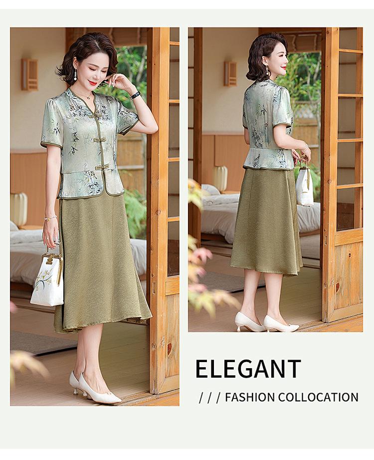 Léto 2025 Elegantní šaty v čínském stylu pro ženy středního věku - Design falešného dvoudílného vzhledu