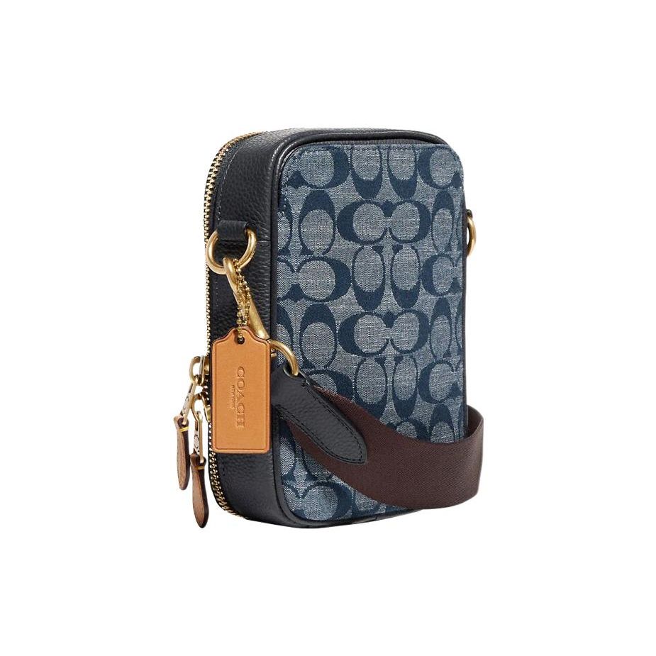 Coach Stanton 13 Floral Print Color Block Zipper Canvas And Leather Crossbody Bag Mini Men bags Brass Denim-Blue C8235-B4EI