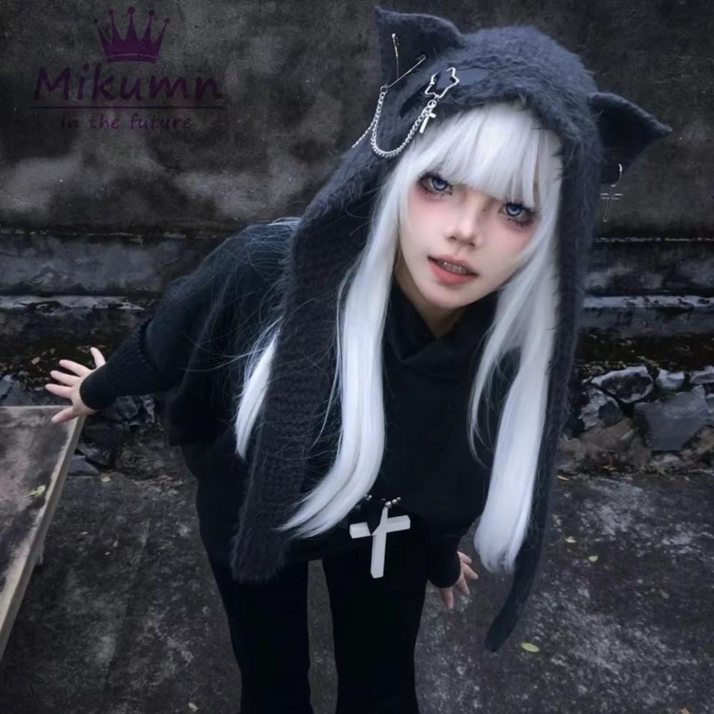 New Harajuku Japanese Cat Ear Hat Cross Chain Leather with Scarf Women Y2K Punk Knitted Caps Buckle Warm Ear Flap Hat
