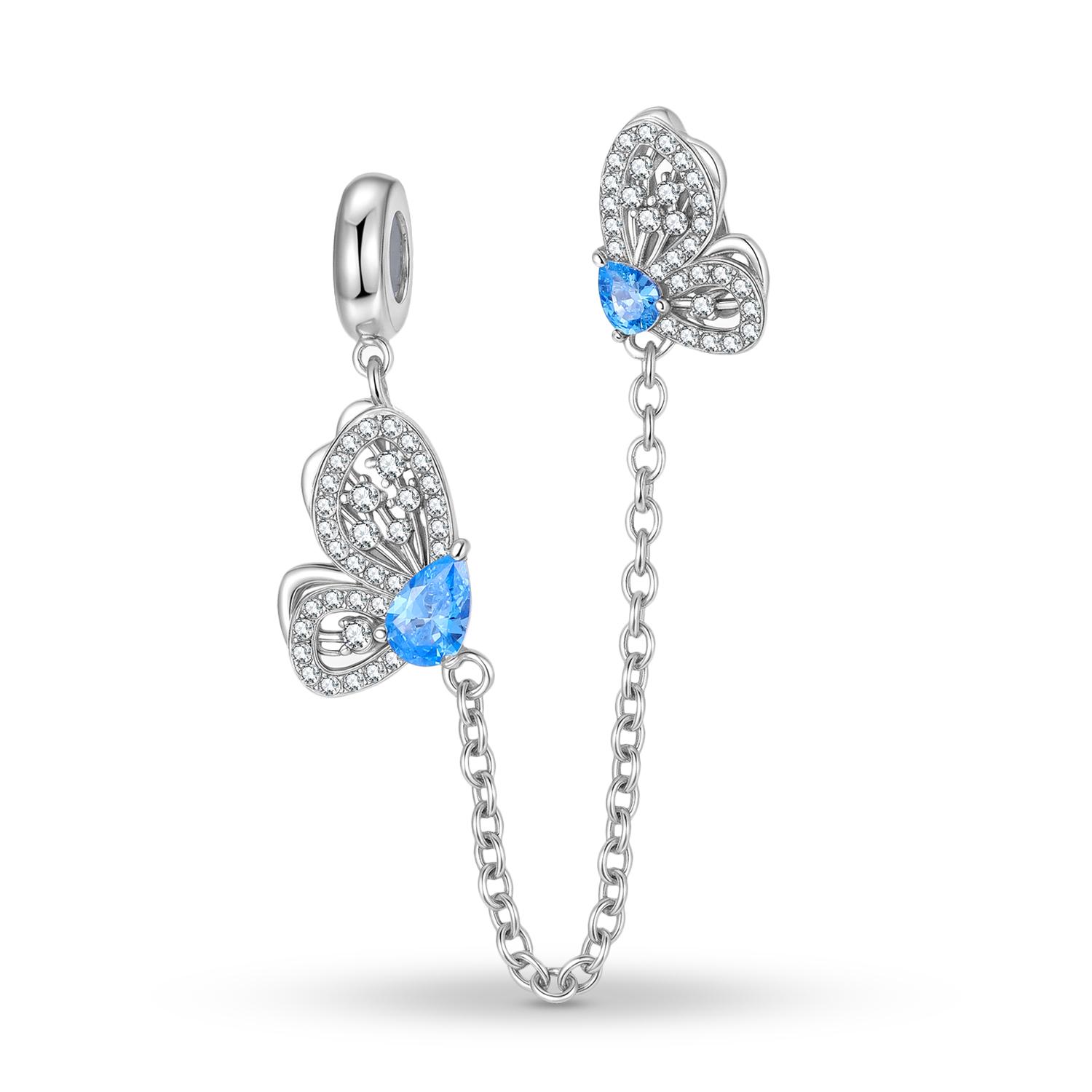 Blue Dreamy Butterfly Safety Chain Authentic 925 Sterling Silver Charm Zirconia Beads for Women Fine Jewelry Charm Bracelets
