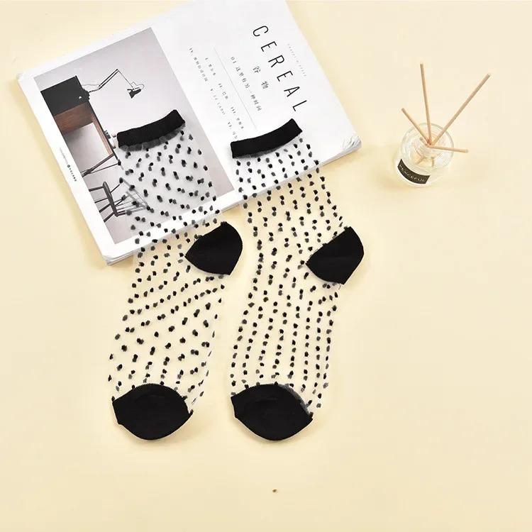 Polka Dot Socks Women See Through Transparent Crystal Silk Socks Summer Ultra-thin Breathable Girls Kawaii Cute Nylon Long Socks
