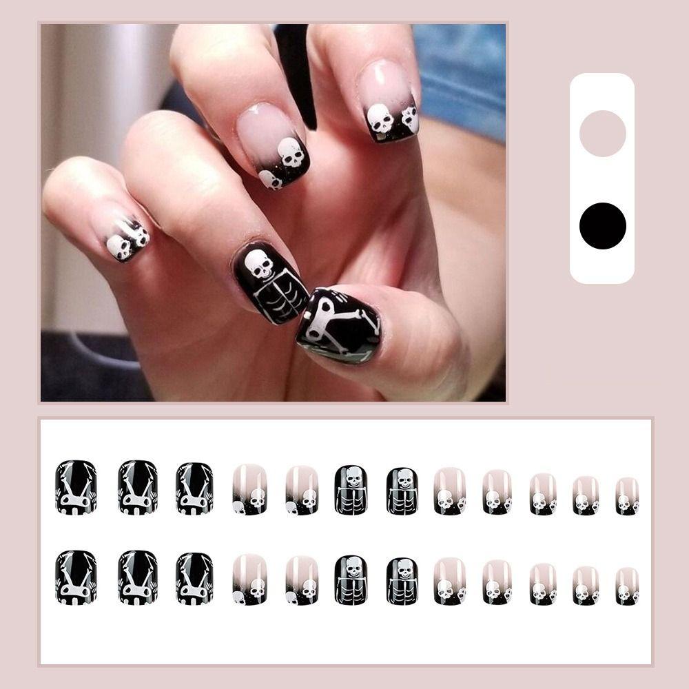 

Short Length Dark Mystery Nail Full Cover False Nail Halloween Skull Fake Nails Women Girl