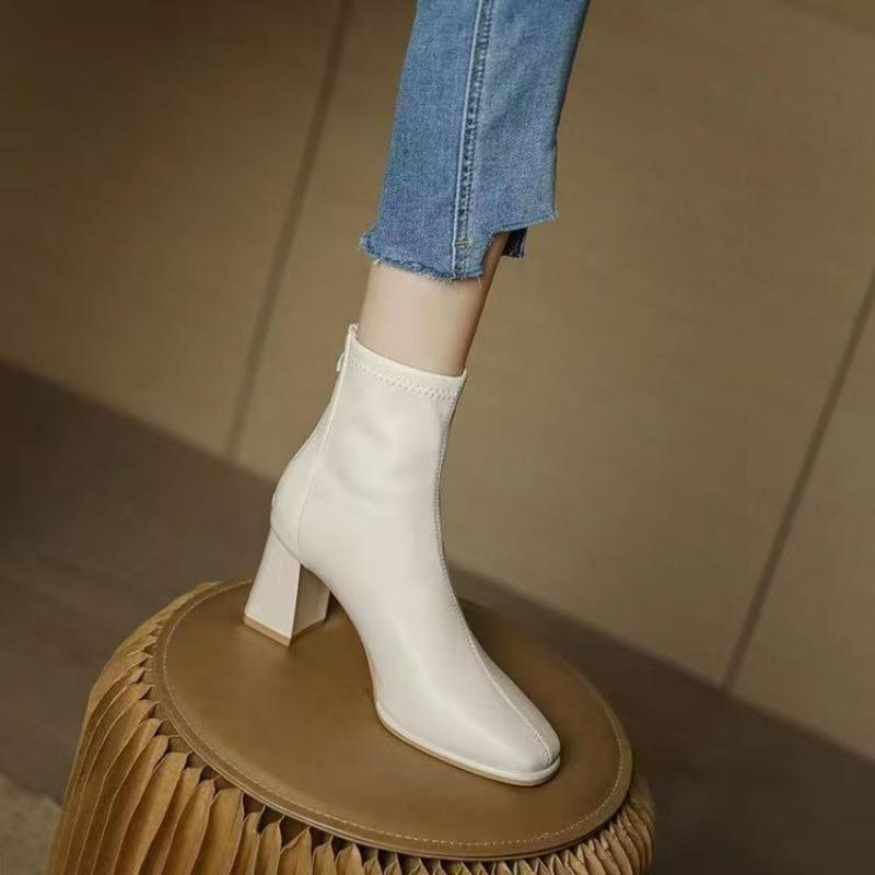 High-heeled boots thick heel white short boots women's autumn new thin boots women's rear zipper square head looks thin