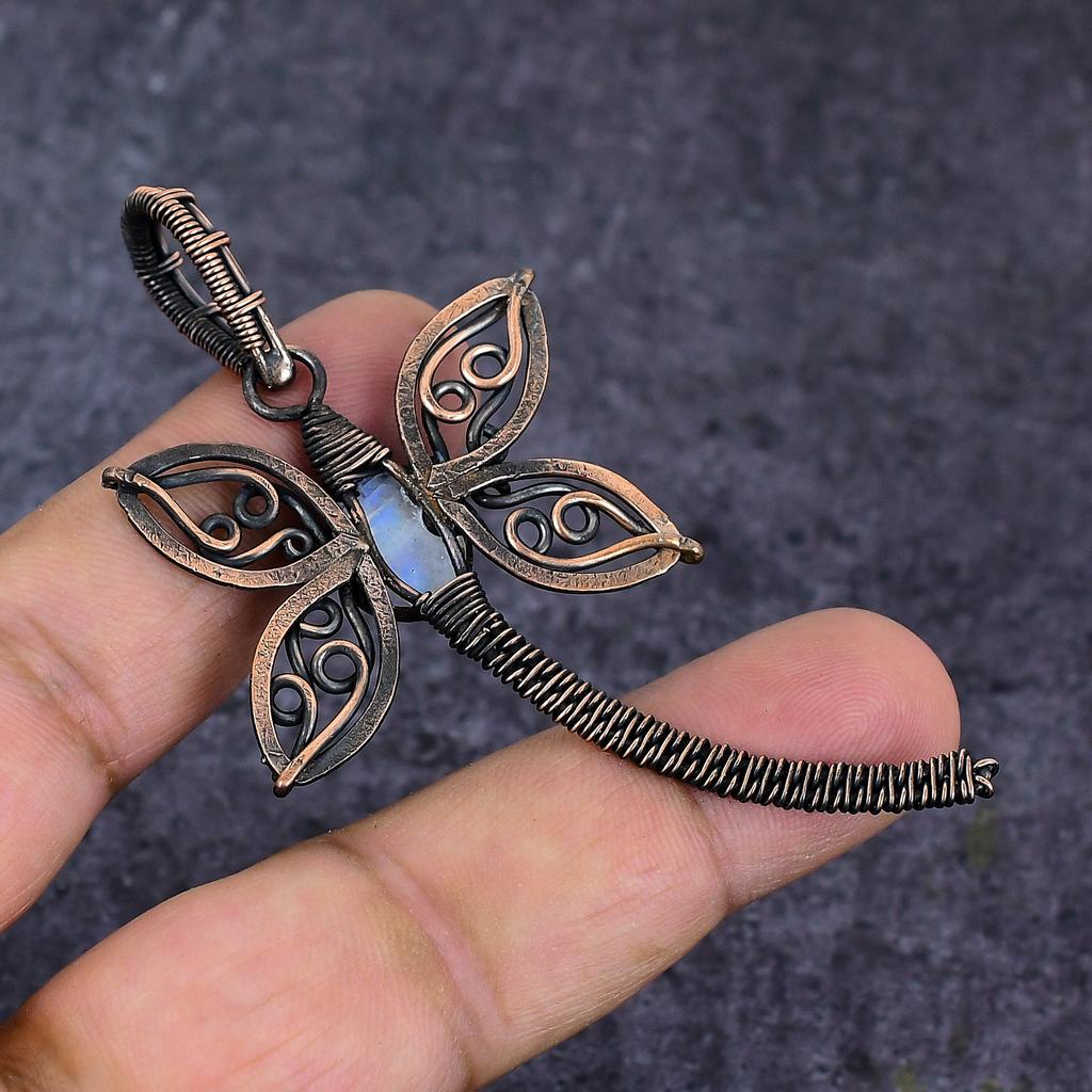 Natural Moonstone Gemstone Handmade Copper Wire Wrap Jewelry Pendant 2.96" ET-4657