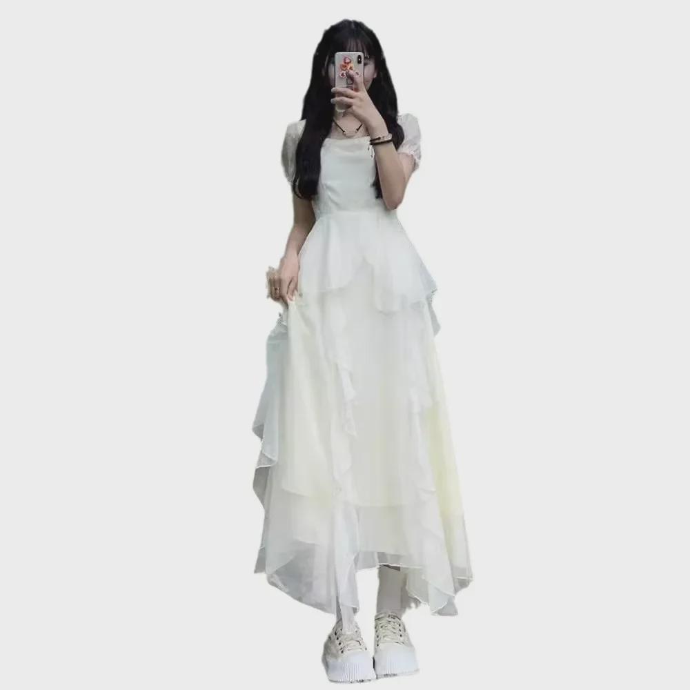 Elegant Niche Design Square Collar Puff Sleeve Dress for Women