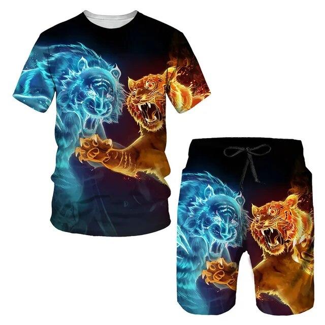 Tricou/costumul cu imprimeu 3D The Tiger, cu mâneci scurte, cu gâtul O, pantaloni de plajă pentru bărbați, set de 2 bucăți, îmbrăcăminte sport pentru cuplu, pantaloni scurți de înot