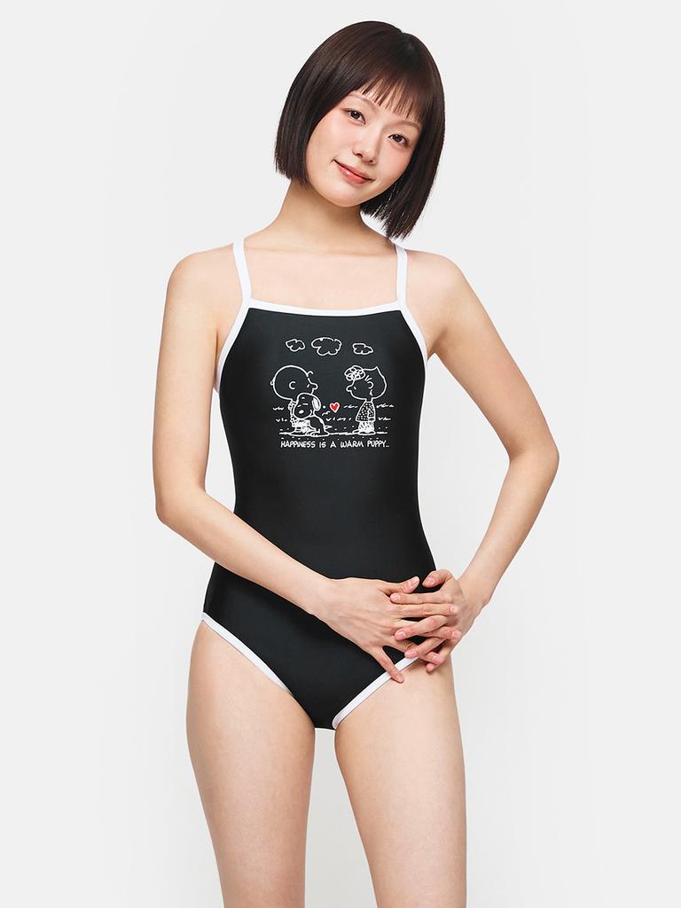BARREL Pnts Happy Snoopy V-Back One-Piece Swimsuit Black (B6Swsws048Blk)