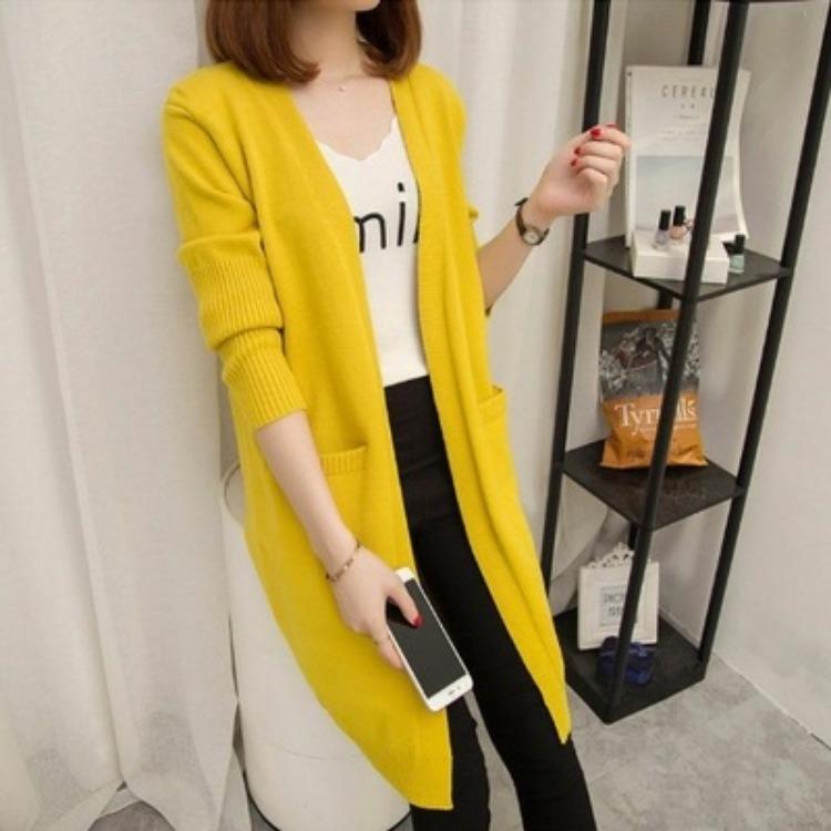 Cardigan Tricotat Lungime Medie Femei Pulover Coreean Larg Stil Lazy Culoare Solidă Jachetă Pulover cu Mâneci Lungi pentru Toamnă și Iarnă