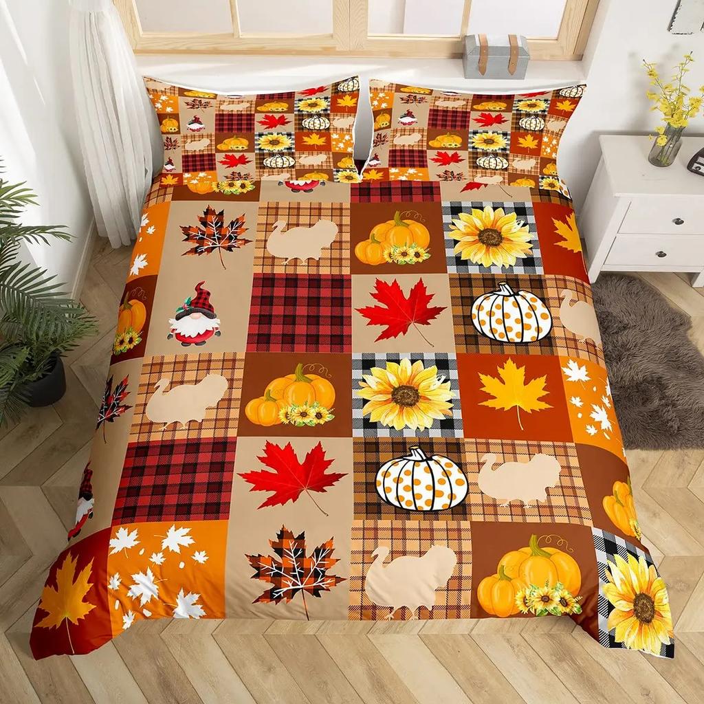 Thanksgiving Day Pumpkin King Queen Bedding Set Kids Cartoon Autumn Duvet Cover Fall Leaf Comforter Cover Polyester Quilt Cover