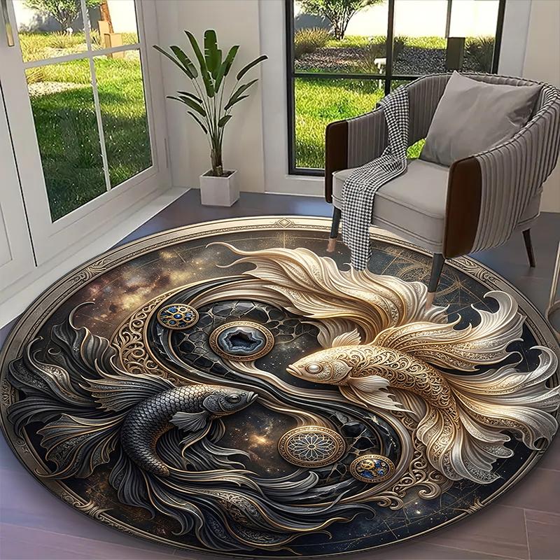 1pc Office Carpet, Blue Gold Balance Floral Visions Chair Rug, Living Room Printed Round Rug, Home Chair Floor Mat