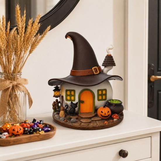 Halloween Witch House Ornament, Decorative Desktop Halloween Ornaments with Black Cats Pumpkin Lanterns Magic Brooms for Party Table Decorations and