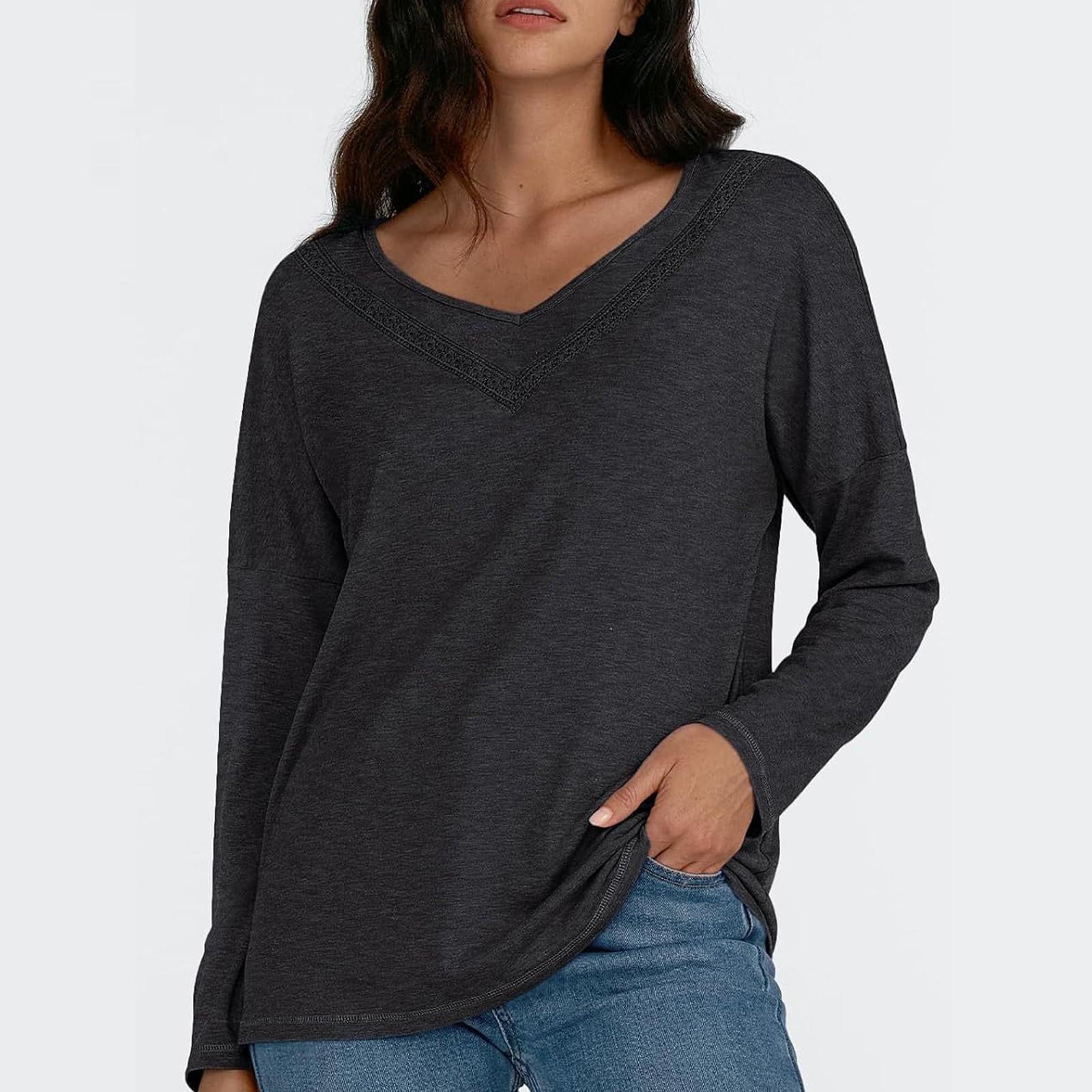 

Women s Long Sleeved T-shirt V-neck Loose Casual Fashion Top L чорний