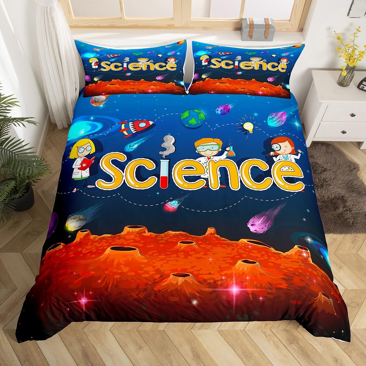 

Science Theme Bedding Set Twin Boys Girls Science Formula Print Back To School Duvet Cover Math Chemical Style Comforter Cover EU Single(135x200cm)