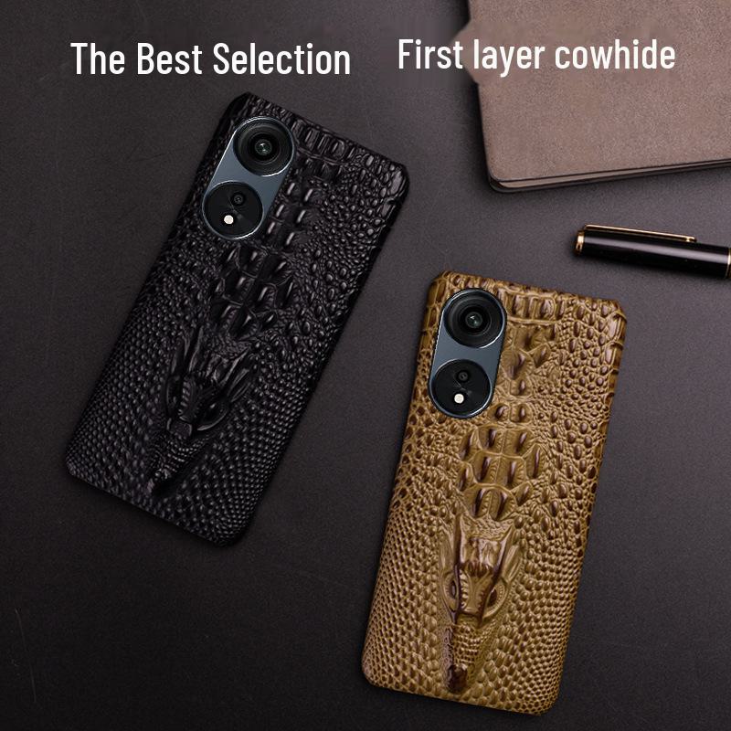 OPPO A93/A93s/A96/A97 Cowhide Dragon Head Pattern Leather Phone Case - Half Cover, Genuine Leather Protective Cover