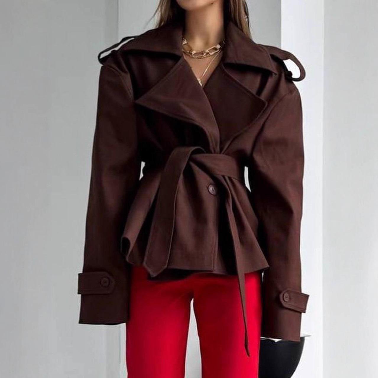 

2025 Women s V-neck Long Sleeve Tie-up Lapel Casual Pants Set XS кавовий