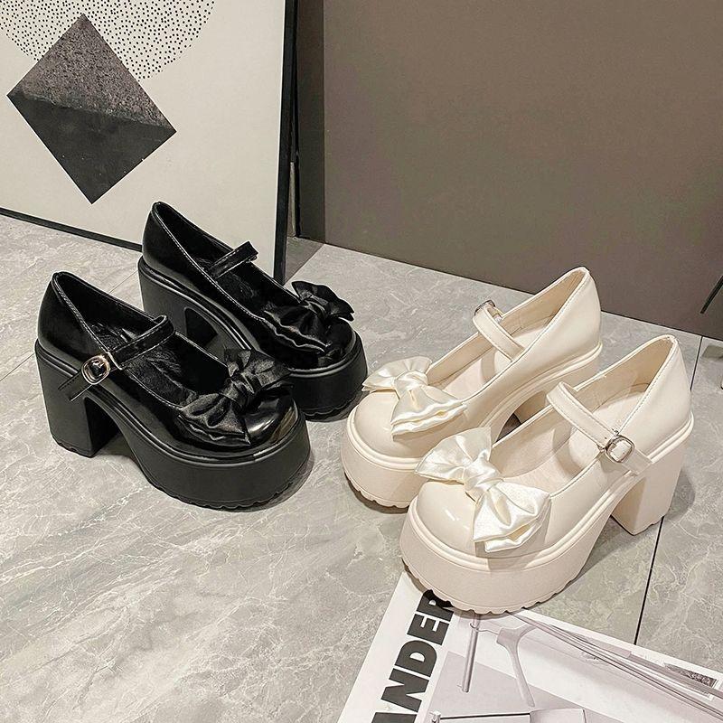 23 Mary Jane women's shoes thick heel platform uniform single shoes high heels women's bow retro small leather shoes support