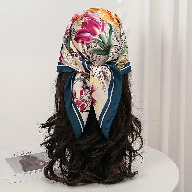 Bohemian Style Floral Print Women’s Square Silk Scarf Satin Head Wrap Tropical Leaf Flower Design Scarves Bandana Hijab