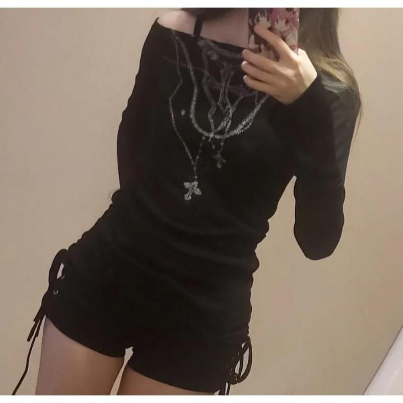 2KWEIRD Japanese Y2k Knitted Tops Grunge Tattoo Print Long Sleeve T-shirt Ribbed Vintage Harajuku Shirring Knitwear 2000s Gothic
