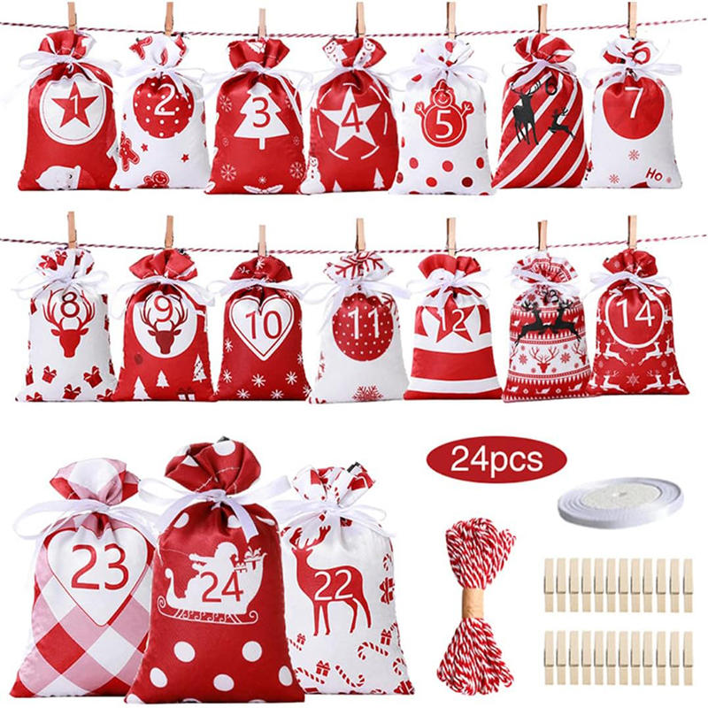 Christmas Fillable Advent Calendar Bags Set Portable Holiday Drawstring Gift Bags for DIY Christmas Decorations