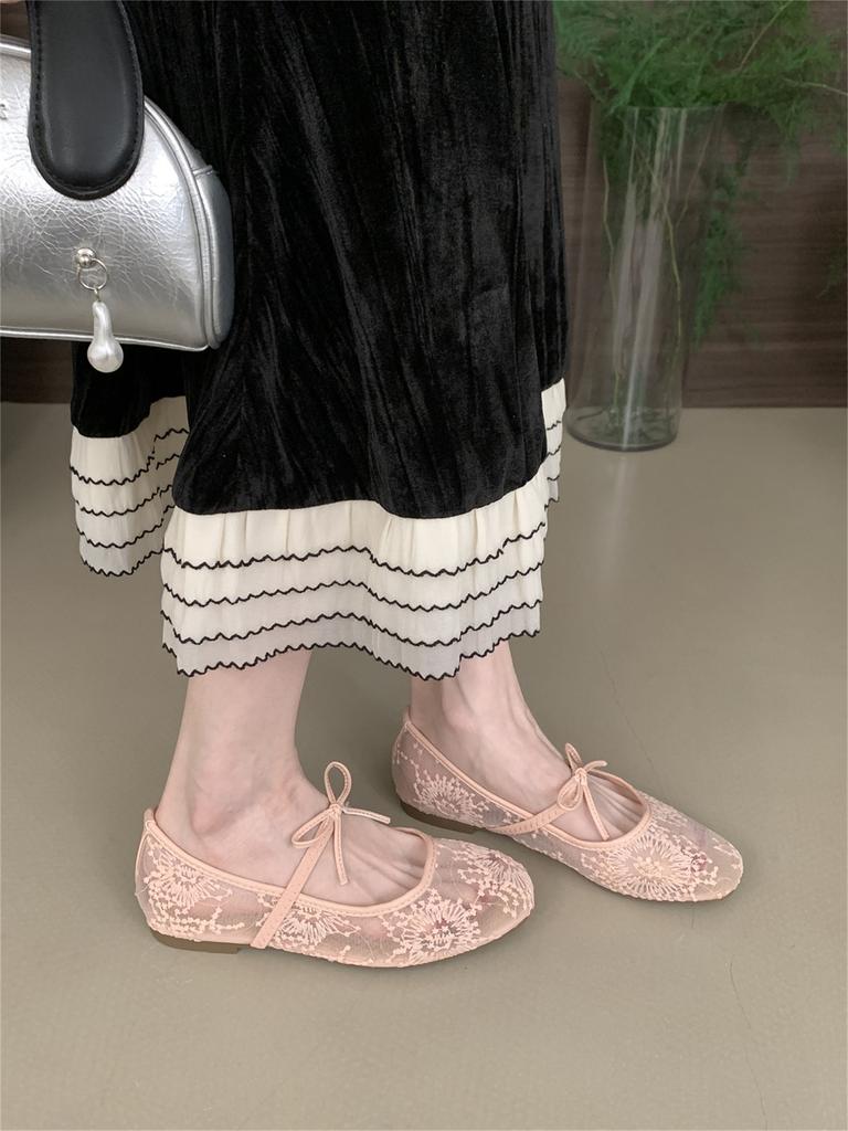 Gentle evening breeze bow ballet shoes girl 2025 new fairy hollow mesh lace embroidered shoes single shoes