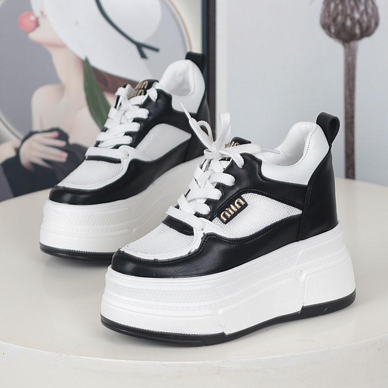Fashion 12CM Women Casual Walking Shoes Summer Autumn Lace Up Leather High Quality Sneakers Fashion Flat-Bottomed Female Chunky Sneakers