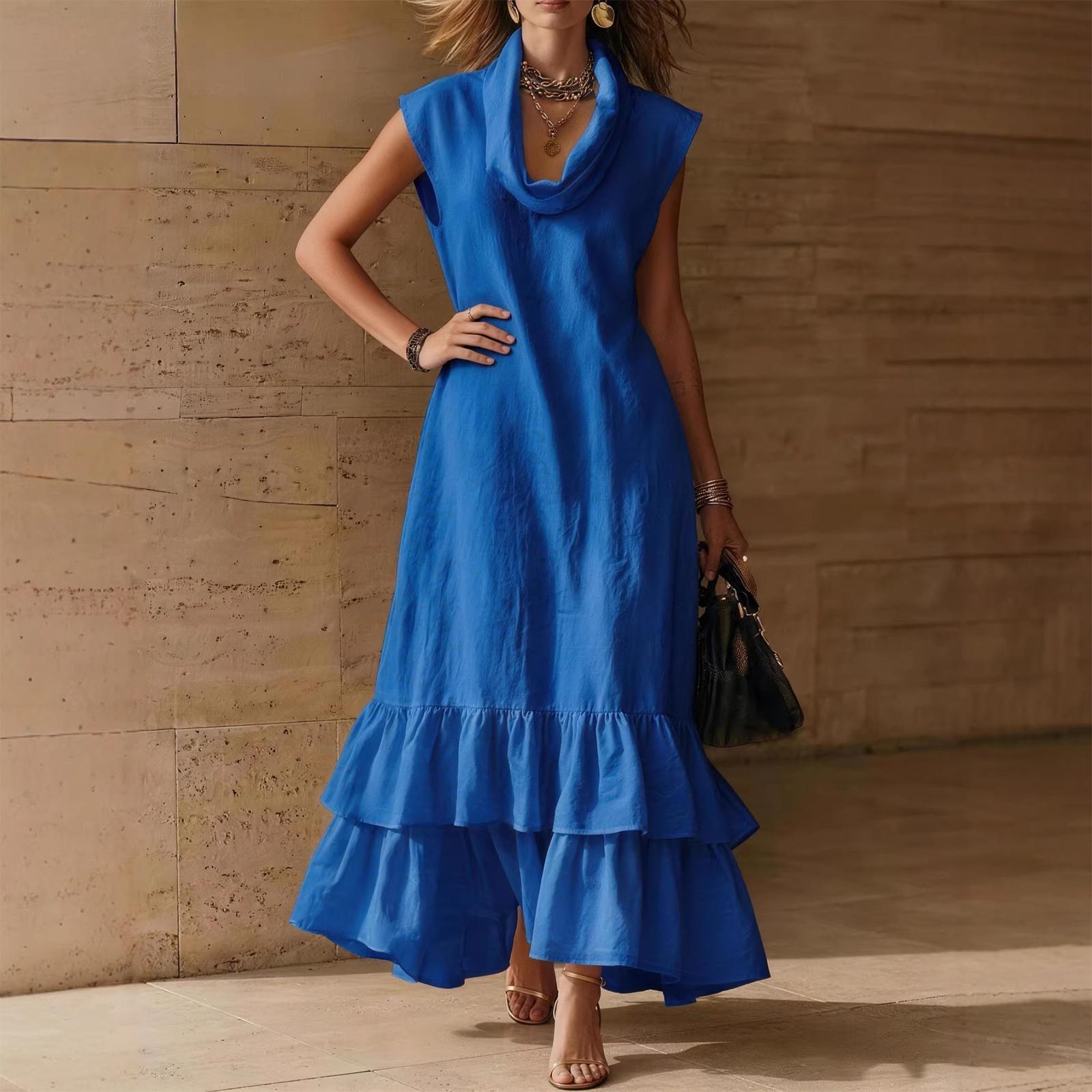 Ladies  Casual And Fashionable Pleated Sleeveless Wrap Collar Dress L синий