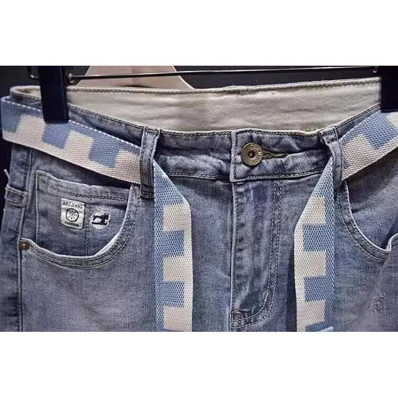 Trendy brand light-colored ripped jeans men's summer thin embroidered Harlan pants elastic casual nine-point pants