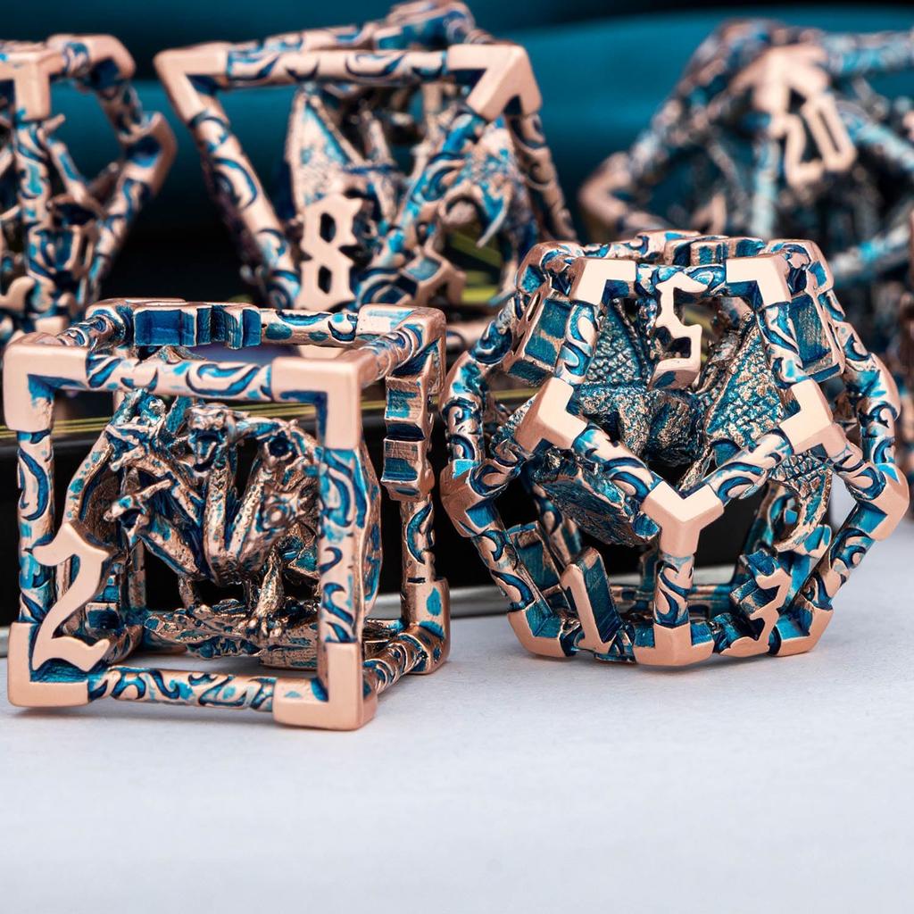 ARUOHHA Hollow DND Dice Set Copper Blue 5-Headed Dragon D and D Dice with Gift Box, Dungeons and Dragons Role Playing Games 7PCS Metal Polyhedral