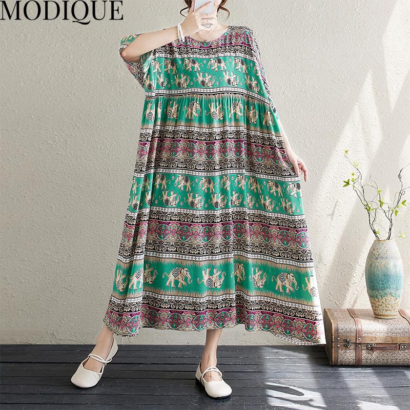 MODIQUE Sommer Übergröße Neues Kleid Hemd Damen Vintage Baumwolle Leinen Falten Kleid Drucken Lässig Damenkleider Kurzarm O-Ausschnitt Volantkleid