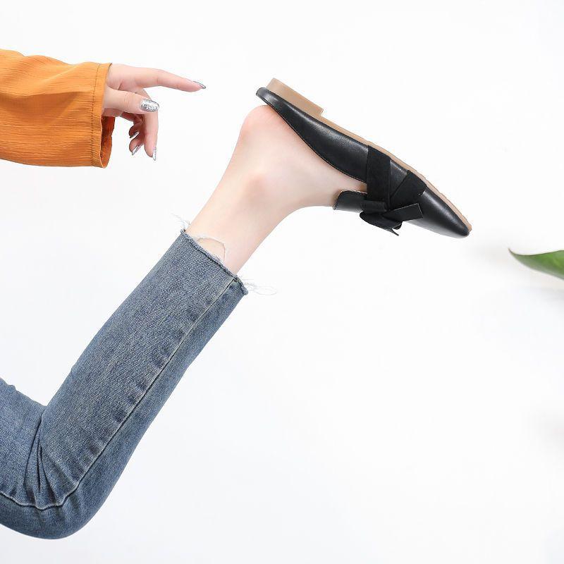 Baotou Half Tray Single Shoes Women's 2025 Autumn Models Flat Bottom Versatile Fashion Soft Leather Bow Square Head Internet Celebrity Lazy