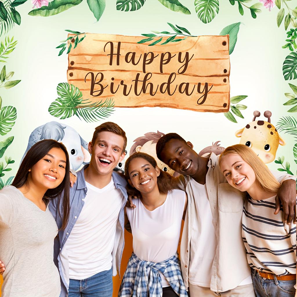 2D flat design 1-piece jungle adventure animal birthday celebration background fabric suitable for children's celebrations