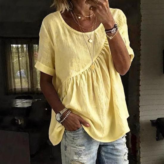 Damen-T-Shirt mit Rundhalsausschnitt, kurzen Ärmeln und Rüscheneinsatz, einfarbig, locker geschnitten, lässiges Sommertop