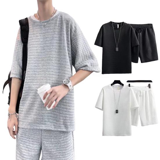 2 szt./zestaw Strój męski Wafelkowa tkanina Jednolity kolor Garnitur sportowy Okrągły dekolt Krótki rękaw Top Szorty ze sznurkiem Zestaw Casualowa odzież sportowa
