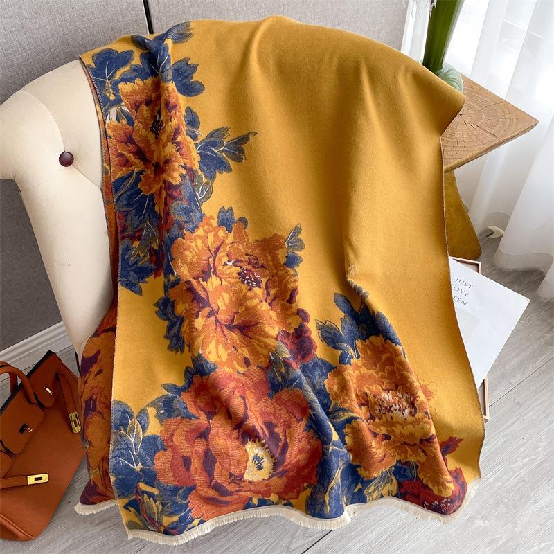 New winter cashmere scarf women's peony flower thickened warm scarf retro elegant high-end shawl