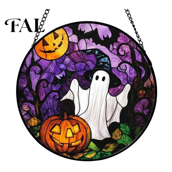 Stained Glass Style Wall Art Halloween Suncatcher Ornament, Vintage Hanging Window Decor with Pumpkin Ghost Bat Witch Festival Atmosphere Gifts
