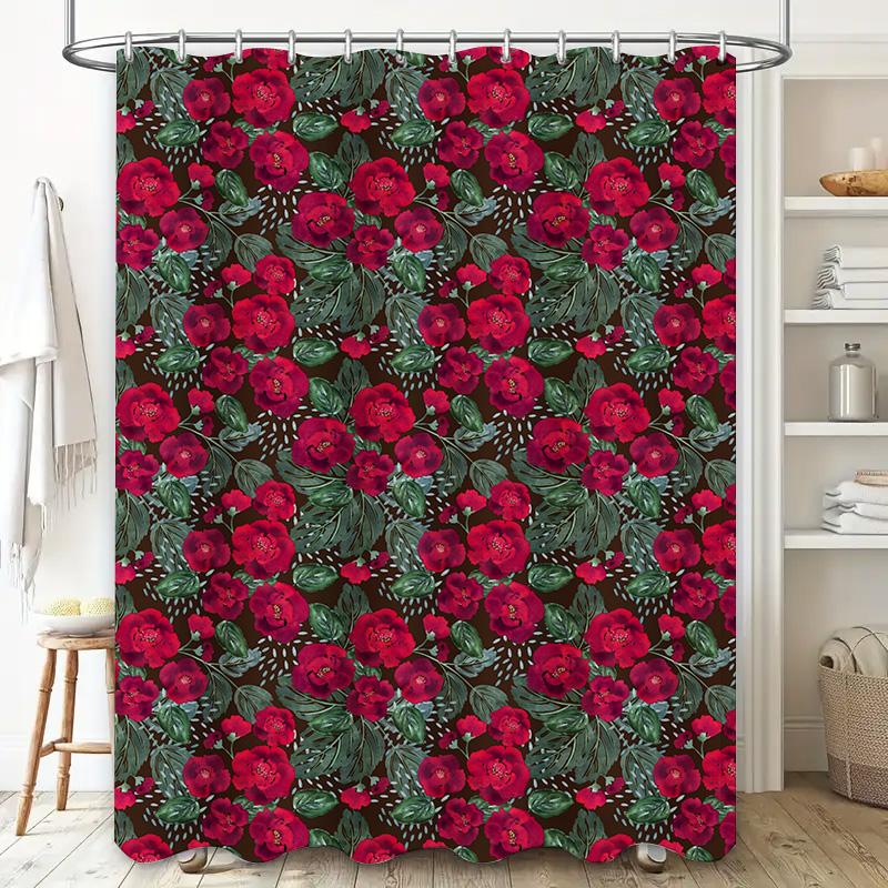 Modern Floral Shower Curtain Water-resistant Fabric Decorative Bath Set In Bold Red Flowers Green Leaves On Black Background (48