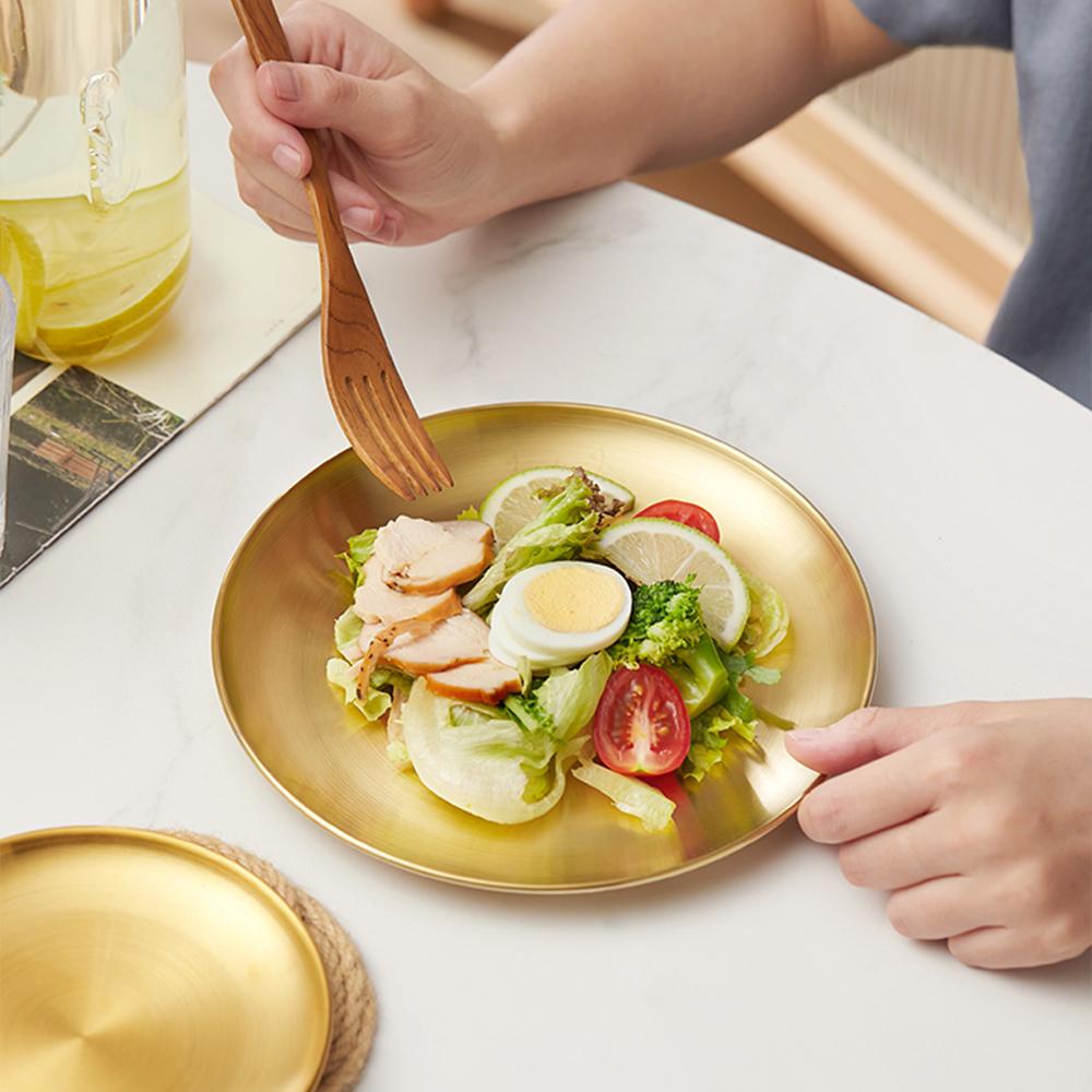 Gold Stainless Steel Thickened Dinner Plates Round Coffee Tray Dessert Cake Snack Fruit Steak Dishes Korean Cutlery Metal Plate