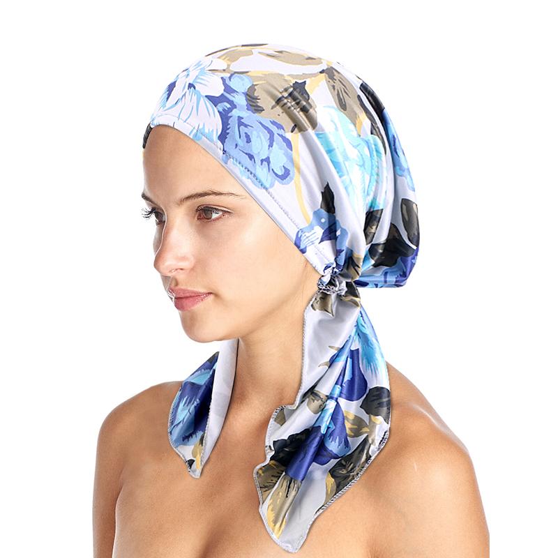 New Women Printed Pre-Tied Turban Cap Muslim Hijab Inner Caps Hair Loss Cover Beanies Bonnet Long Tail Headscarf Strech Bandana