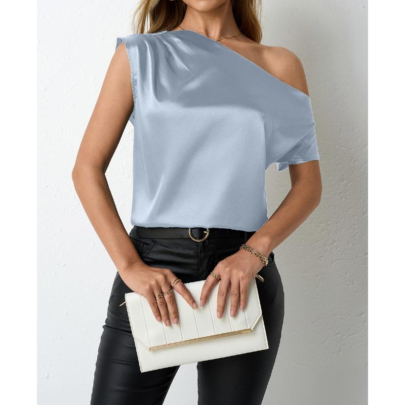 Damen Frühling und Sommer Satinhemd Simulation Seide Unregelmäßige Diagonale Schulter Einteiliger Kragen Ärmellose Blusen & Hemden