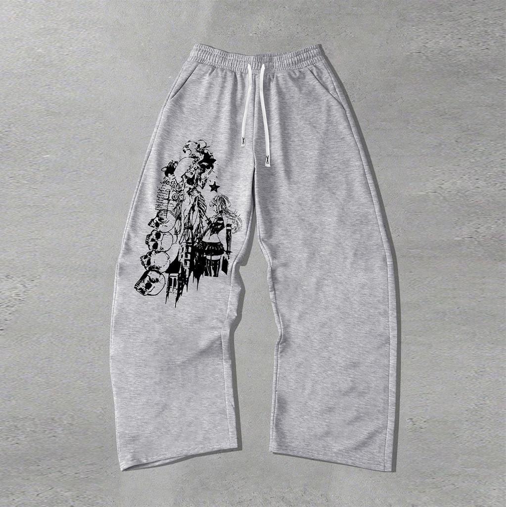 Oversized Skull Anime Print Wide-Leg Pants | American Streetwear Drawstring Sweatpants | Trendy Brand Loose-Fit Drapey Floor-Length Pants