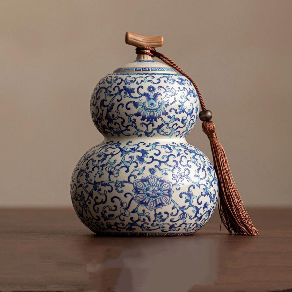 Chinesischer Stil Ru-Ofen Keramik Teedose, Kürbisformiges Vintage Teelagerglas mit Quasten-Dekor