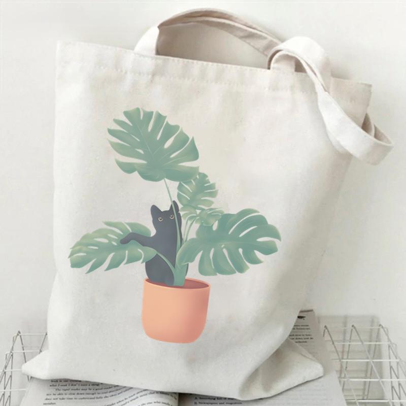 Funny Anime Cat Graphics Women Canvas Shoulder Bag Cartoon Animal and Plant Shopping Bag Kitten Lover Female Reusable Handbags