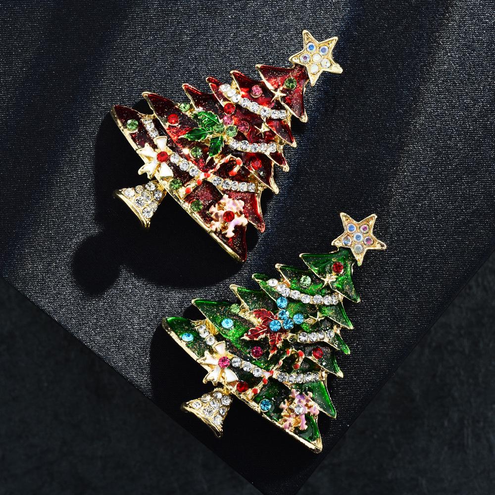 Neutral Style Two-Color Rhinestone Enamel Christmas Tree Brooch Gift for Party or Office