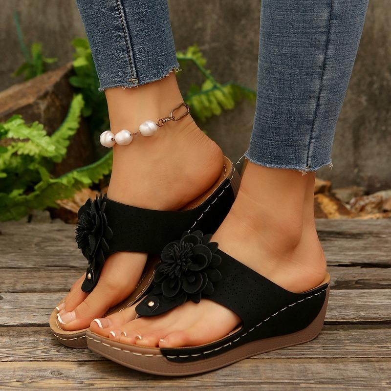 Large size women's shoes summer new slope heel cool slippers wearing flip-flops female flower sandals