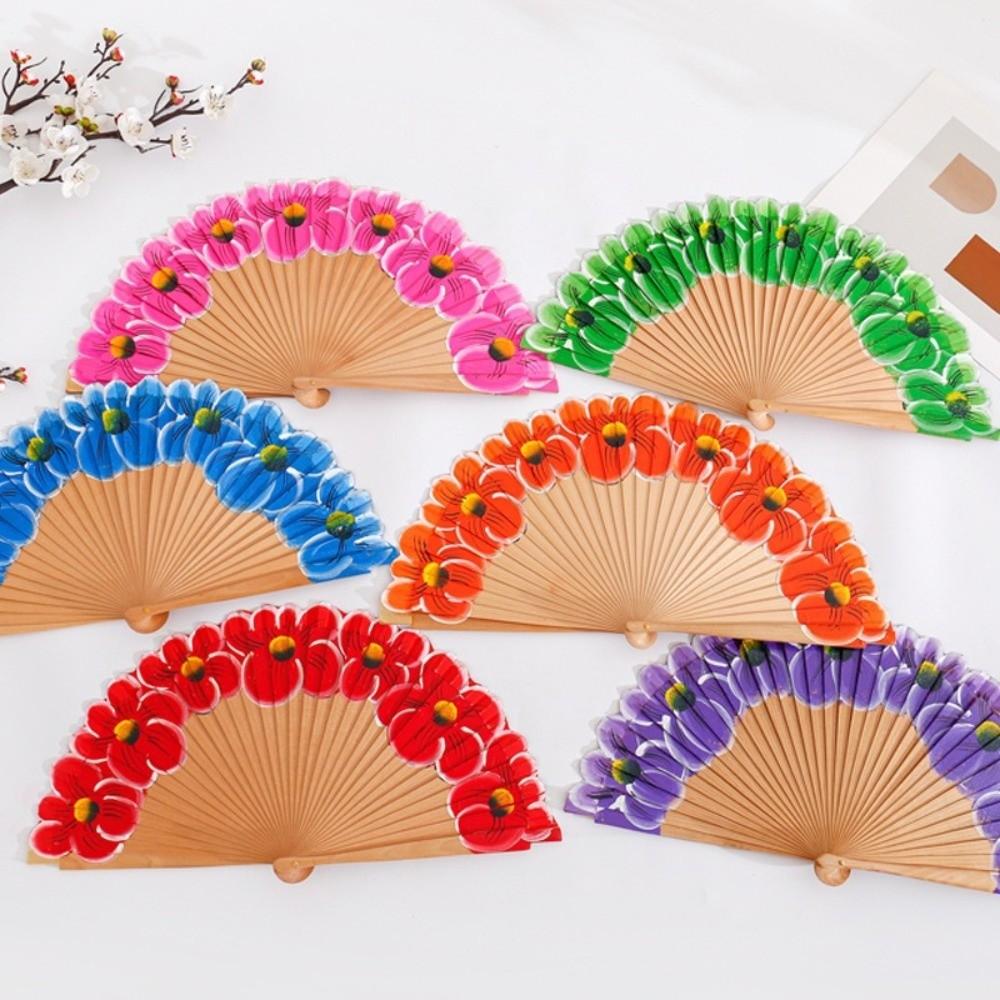 Chinese Style Wooden Folding Fan Hand-Painted Pattern Handheld Fan Ancient Flower Fan Women Use