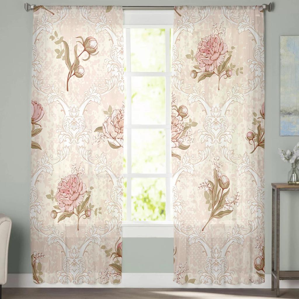 Dahlia Flower Leaves Retro Tulle Curtains For Living Room Bedroom Voile Sheer Curtain Window Home Decor Drapes