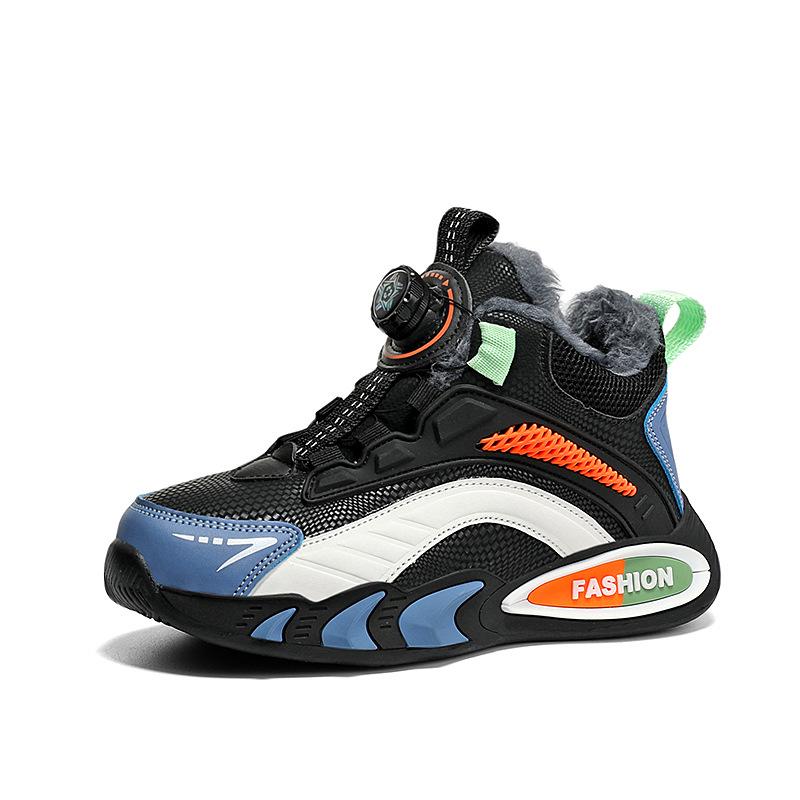 Kids' Rotating Button Sneakers - Leather, Velvet-Lined for Autumn & Winter