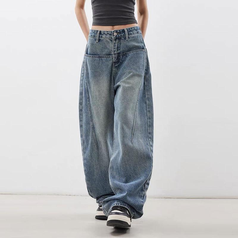 Versatile Loose Scimitar Wide-leg Jeans Versatile Slim Retro Trousers Stylish Classic Denim Silhouette Jeans, Vintage Wash with Relaxed Fit XS