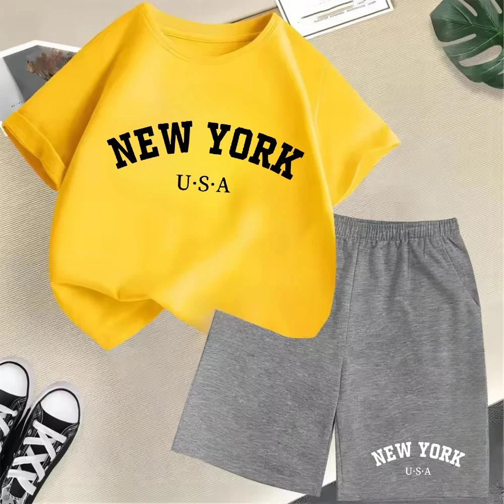 2026 New Kids Boys Girls New York Letter Pattern Polyester T-shirt+Shorts 2-Piece Set Casual Daily