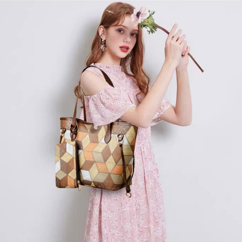Contrasting color plaid splicing shoulder handbag